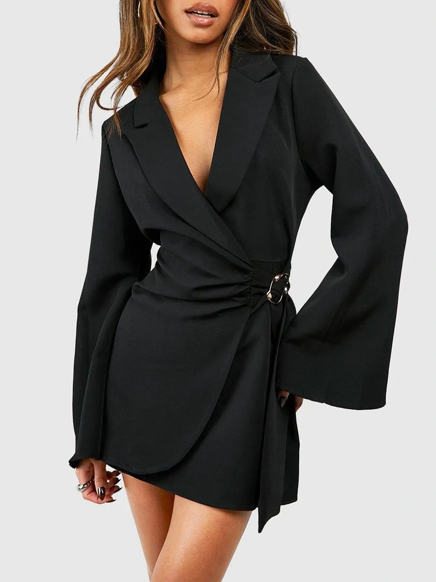 Women's Black Deep V-Neck Metal Buckle Tie Blazer Dress