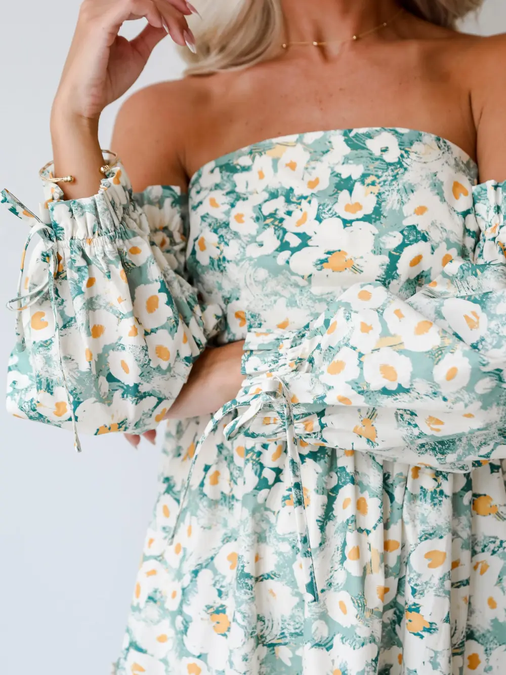 Delightful Aspect Sage Floral Off-The-Shoulder Midi Dress