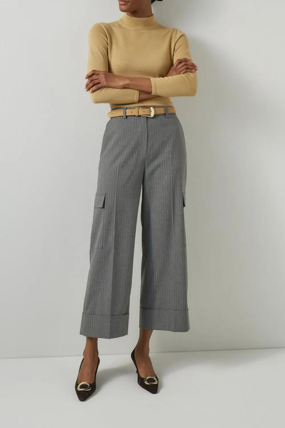 Grey Striped Cropped Wide Leg Trousers