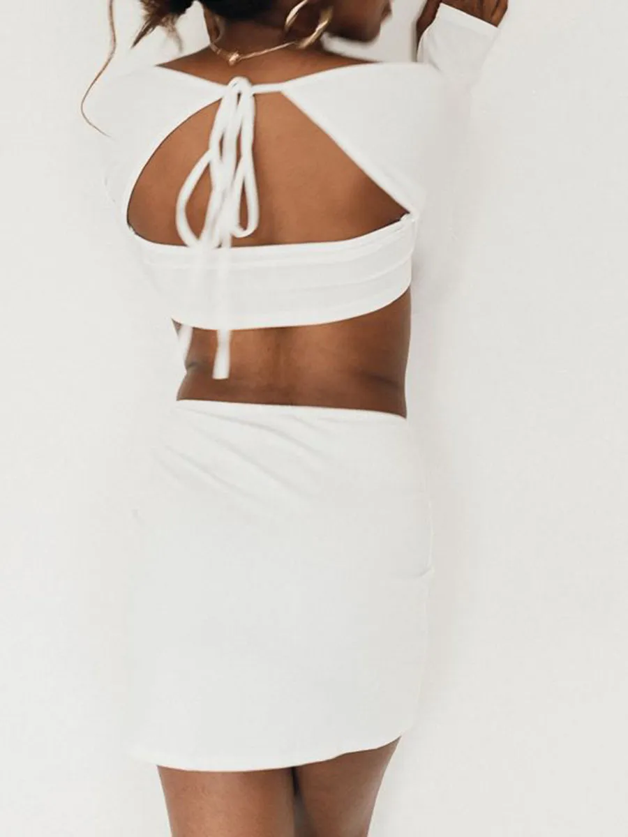 White Long Sleeve Crop and Mini Skirt Set