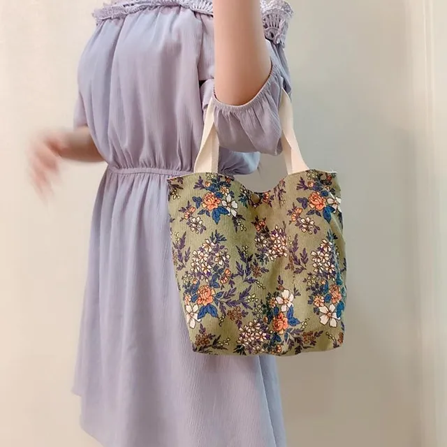 Women's Tote Tote Canvas Tote Bag Corduroy Shopping Daily Print Flower small green flowers Corduroy Blue Daisy Portable Corduroy Red Rose Portable