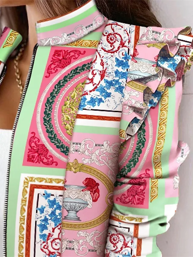 Women's Blazer Formal Casual Daily Baroque Ruffle Full Zip Print Outdoor Work Street Daily Cotton Coat Winter Fall Leopard Black Pink Zipper Stand Collar Regular Fit S M L XL XXL