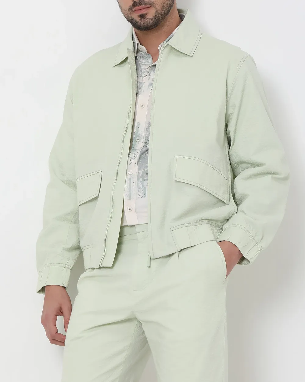Versatile Comfortable Slim-Fit Light Green Cotton Jacket