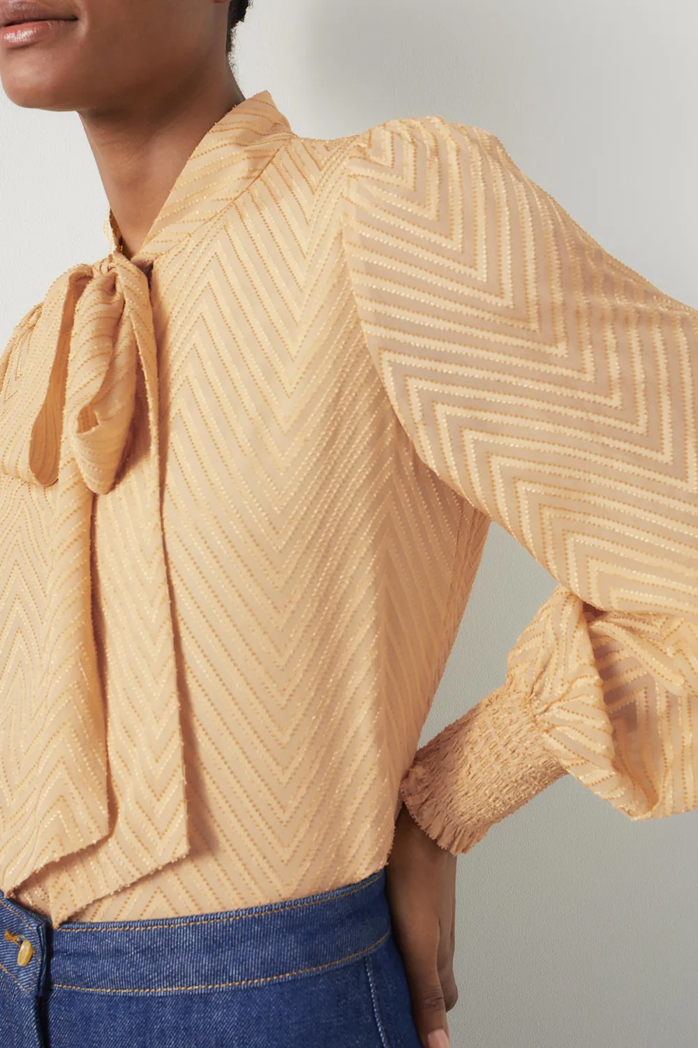 Beige Tie Neck Long Sleeve Textured Blouse