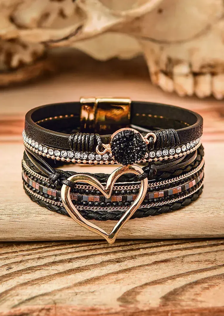 Heart Rhinestone Leather Bracelet