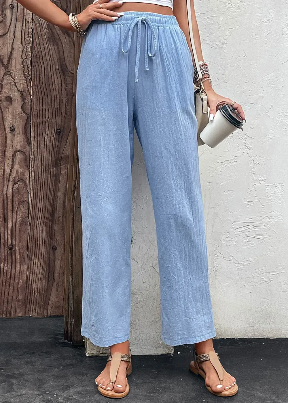 Light Blue Pocket Drawastring High Waisted Pants
