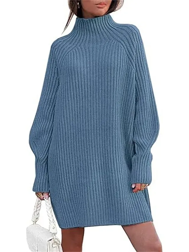 Women's Sweater Dress Jumper Dress Winter Dress Mini Dress Warm Fashion Casual Plain Outdoor Daily Vacation Going out Turtleneck Long Sleeve 2023 Loose Fit Black White Blue S M L XL