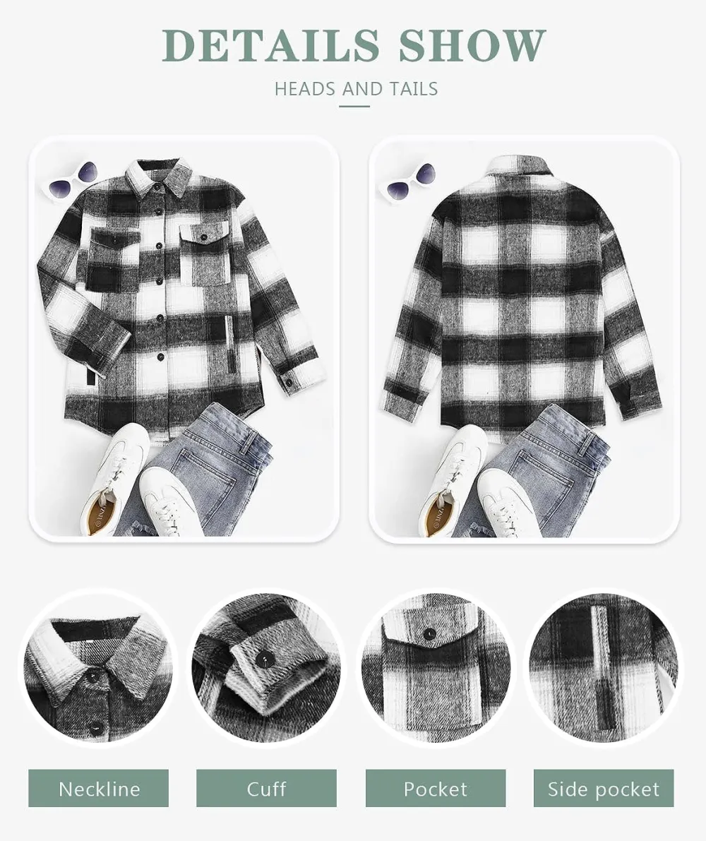 Women's Flannel Plaid Shacket Long Sleeve Button Down Chest Pocketed Shirts Jacket Coats