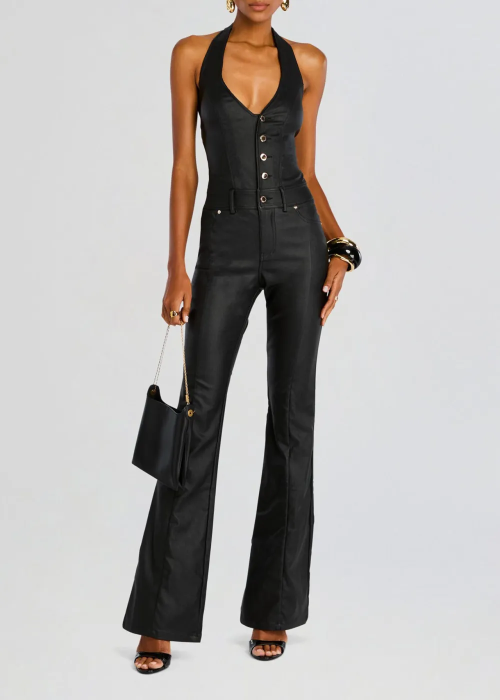 Deep V Neck Coated Denim Jumpsuit