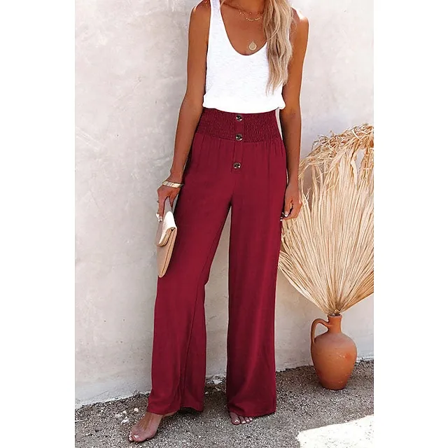 Women's Culottes Wide Leg Linen Pants Chinos Faux Linen Solid Color Baggy Full Length Micro-elastic Mid Waist Fashion Casual Weekend Black White S M Summer