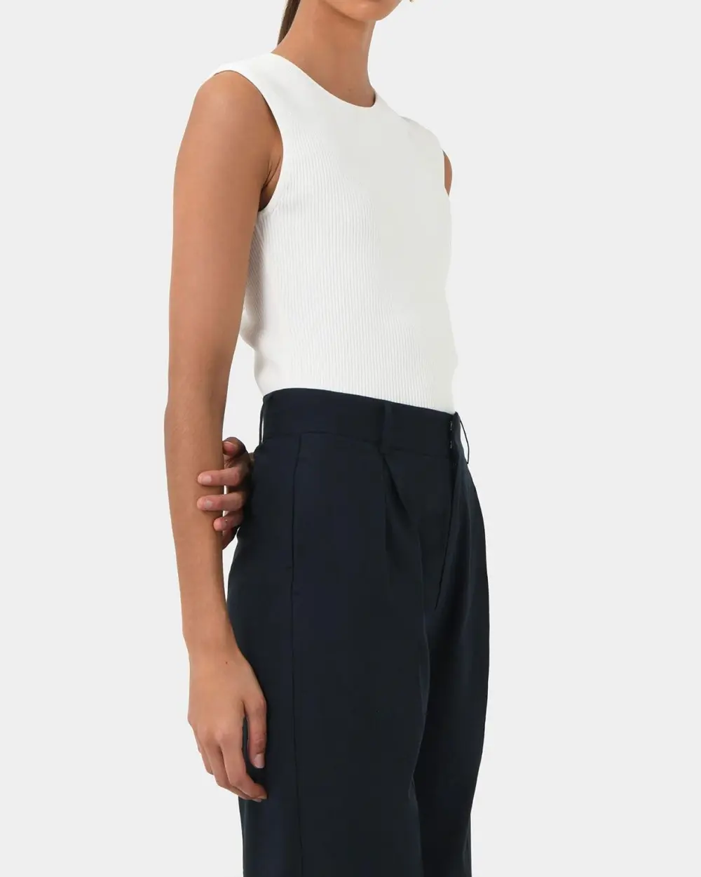 High Waisted Design Linen Tailored Pants -Navy