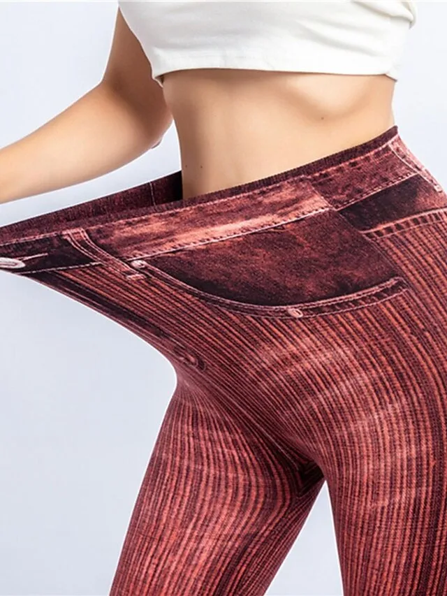 Women's Jeans Skinny Bell Bottom Ankle-Length Faux Denim Print High Elasticity High Waist Tights Casual / Sporty Casual Weekend Black Red S M