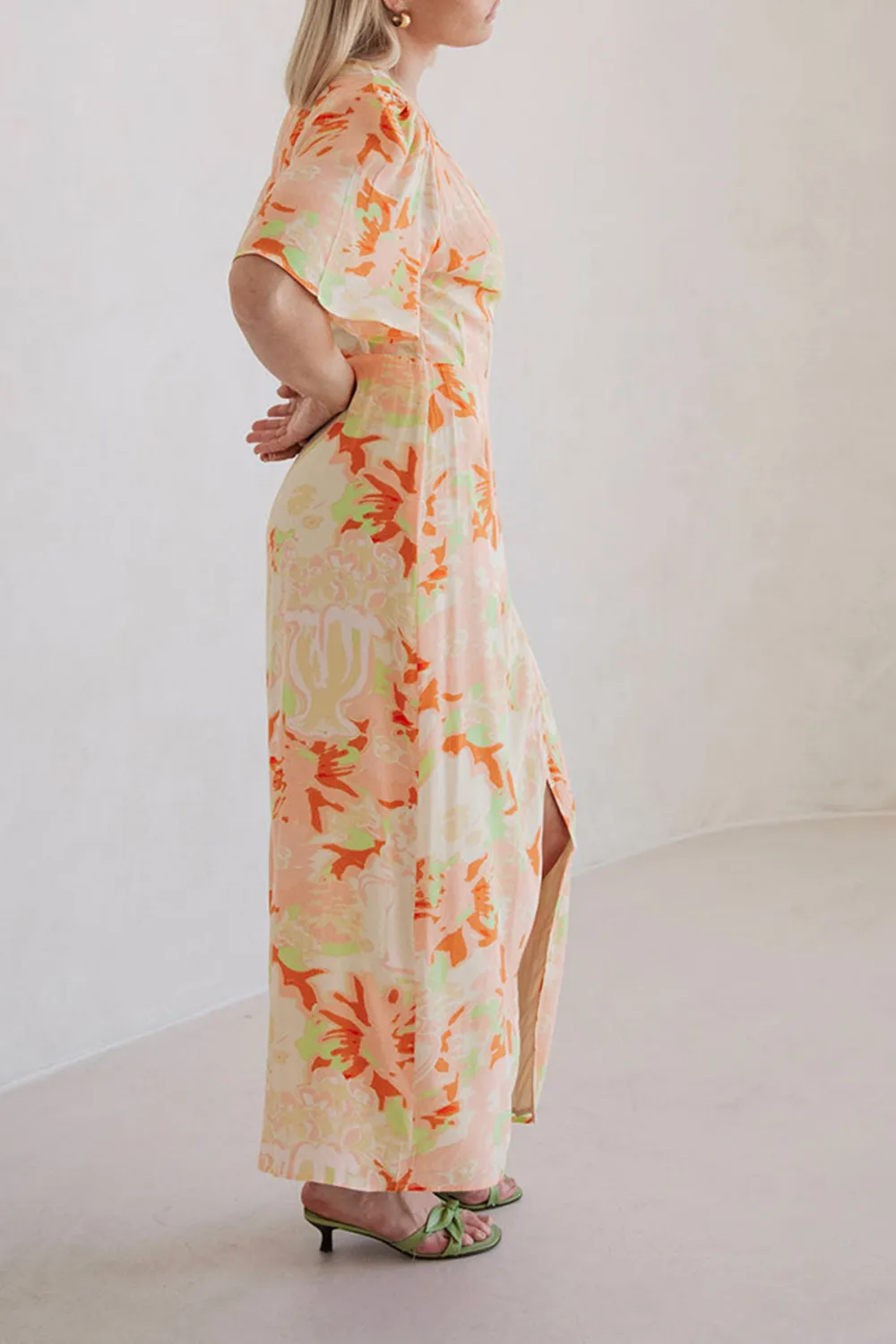 Floral Print Wrap Style Slit Midi Dress