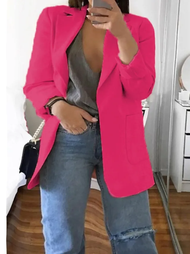 Women's Plus Size Curve Blazer Spring Work to Wear Office Jacket with Pocket Long Sleeve Peaked Lapel Fall Winter