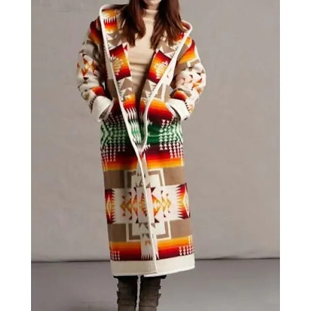 Women's Winter Coat Aztec Print Overcoat Long Coat Warm Heated Hoodie Jacket Long Sleeve Geometric White Black Yellow