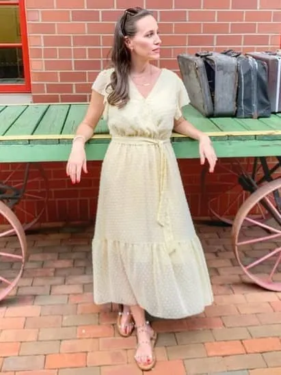 Women Summer Bohemian Floral Casual Wrap V Neck Ruffle Cap Sleeveless Belt A-Line Pleated Hem Swing Midi Sun Dress