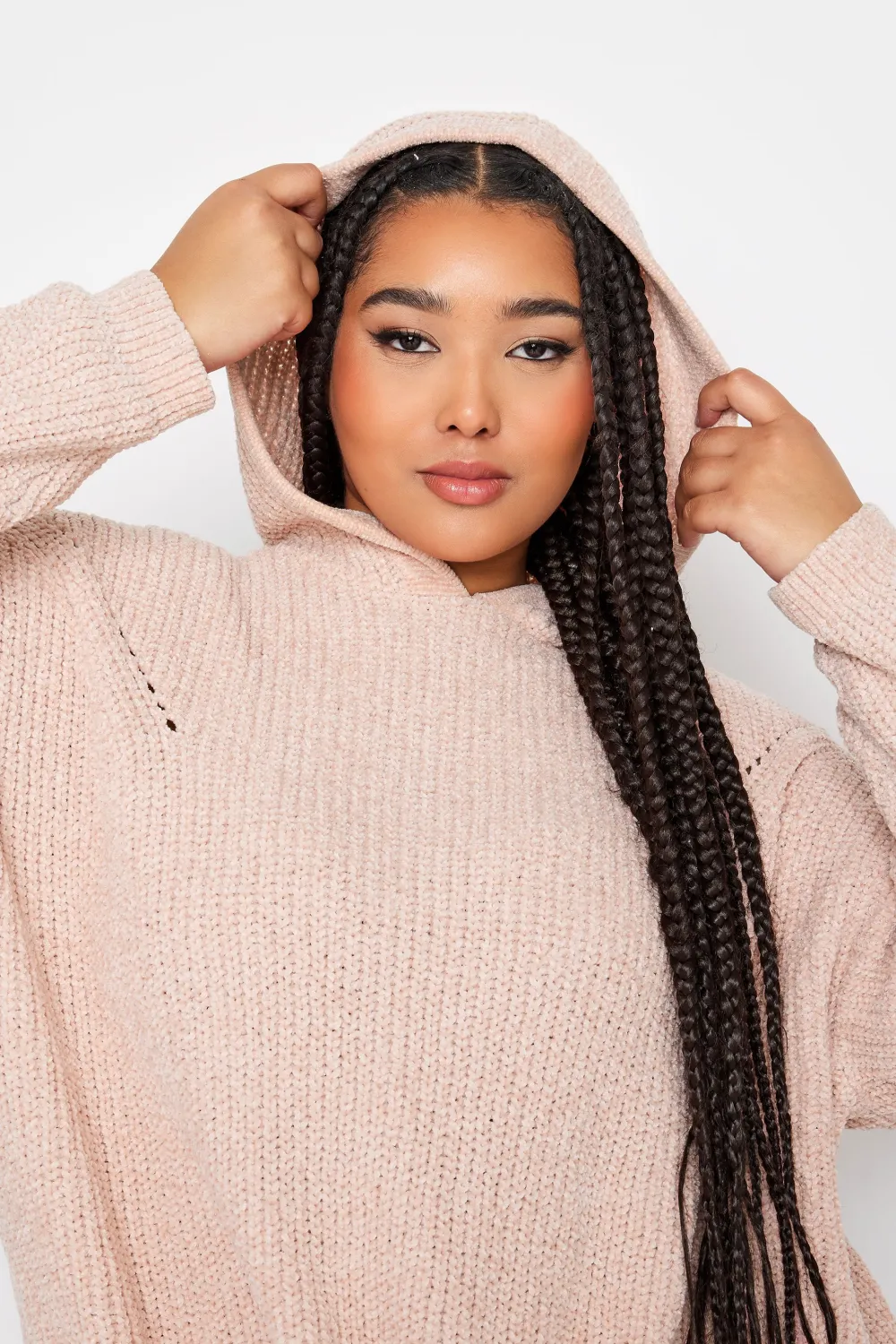 YOURS Curve Light Pink Chenille Knitted Hoodie