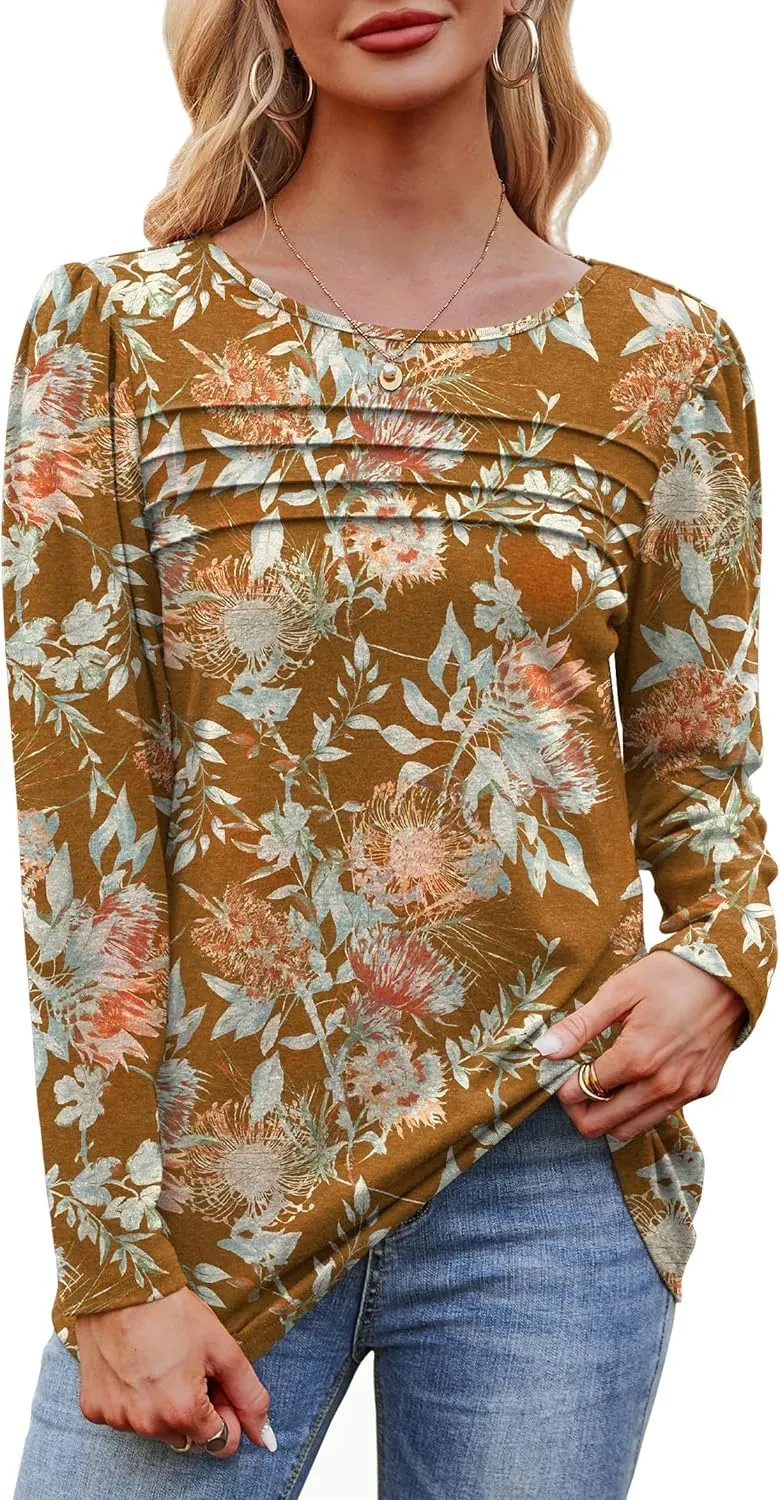 OFEEFAN Long Sleeve Shirts for Women Fall Fashion 2024 Dressy Casual Blouses Trendy Pleated Tunic Tops for Leggings