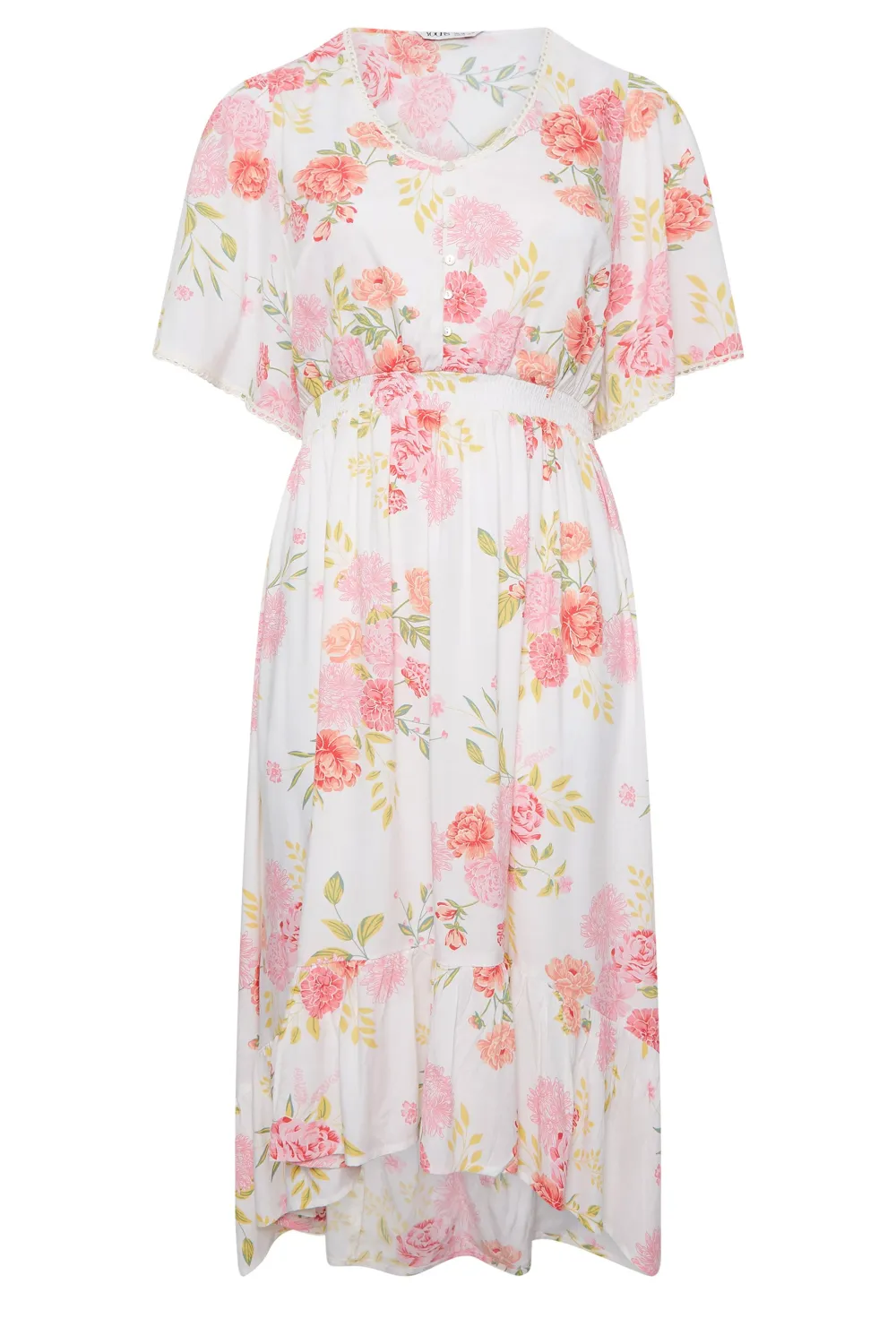 YOURS Curve White Floral Print Dipped Hem Midi Dress