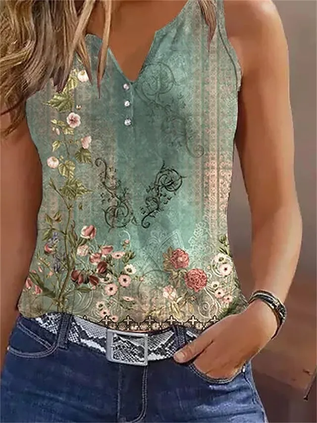 Women's Tank Top White Red Blue Floral Button Print Short Sleeve Casual Holiday Basic V Neck Regular Fit Floral