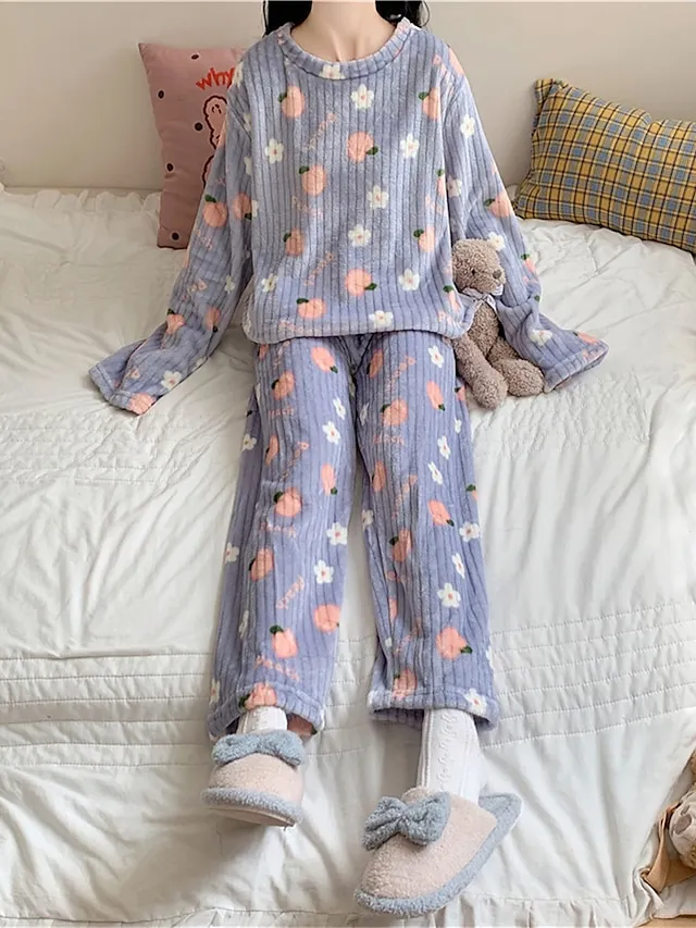 Women's Fleece Loungewear Sets Fluffy Pajama Fuzzy 2 Pieces Bear Peach Fashion Casual Comfort Street Daily Date Polyester Warm Crew Neck Long Sleeve Pant Fall Winter Lotus Pink Black