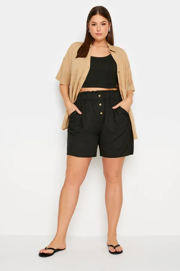 YOURS Curve Black Button Front Paperbag Shorts