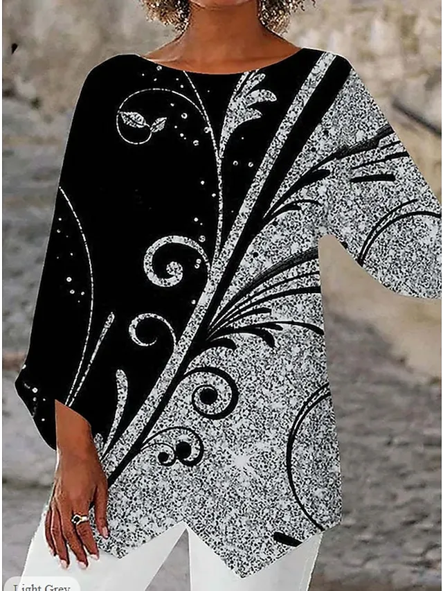 Women's Shirt Blouse Black White Light Grey Graphic Butterfly Asymmetric Print Long Sleeve Casual Basic Round Neck Regular Fit Butterfly Spring Fall