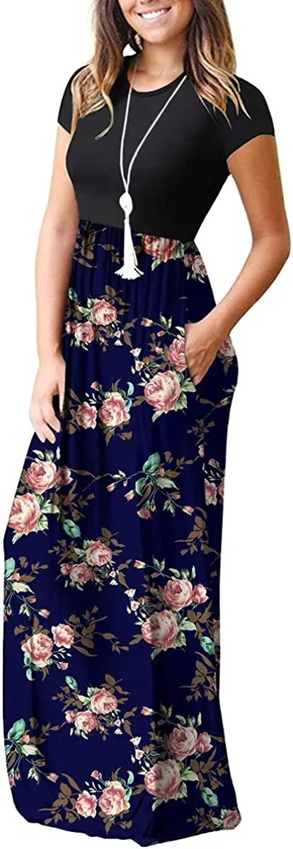 Women's Short Sleeve Loose Plain Maxi Dresses Casual Long Dresses with Pockets