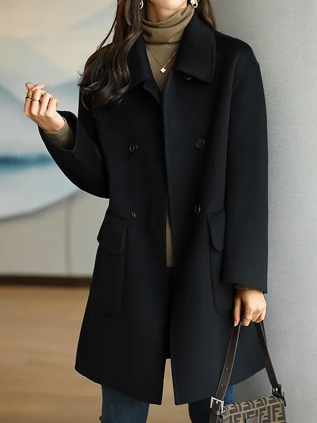 Women's Coat Fall Winter Long Pea Coat Windproof Wool Blend Coat with Pockets Maillard Warm Modern Style Casual Trendy Jacket Long Sleeve Plain Black Red Camel
