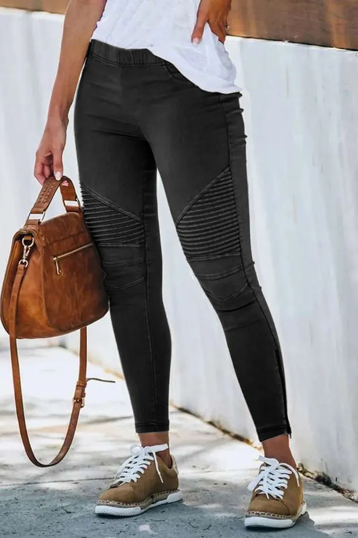 Solid Slant Pocket Zip Side Seam Detail Skinny Jeans