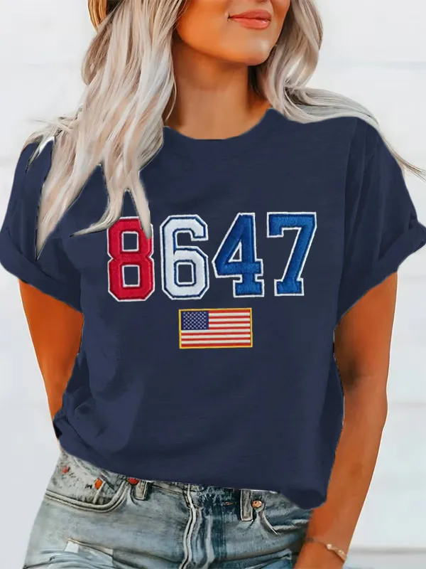 Women'S T-Shirt Women'S Retro 8647 Flag Waffle Fabric Round Neck T-Shirt