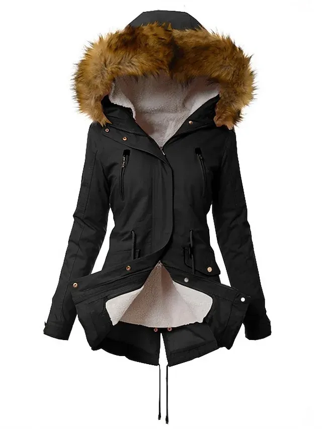 Women's Parka Fleece Lined Puffer Jacket Thermal Warm Winter Coat Windproof Heated Coat with Fur Collar Zip up Drawstring Hooded Coat with Pocket Outerwear Long Sleeve