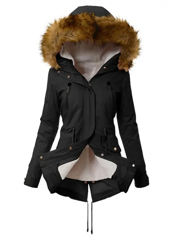 Women's Parka Fleece Lined Puffer Jacket Thermal Warm Winter Coat Windproof Heated Coat with Fur Collar Zip up Drawstring Hooded Coat with Pocket Outerwear Long Sleeve
