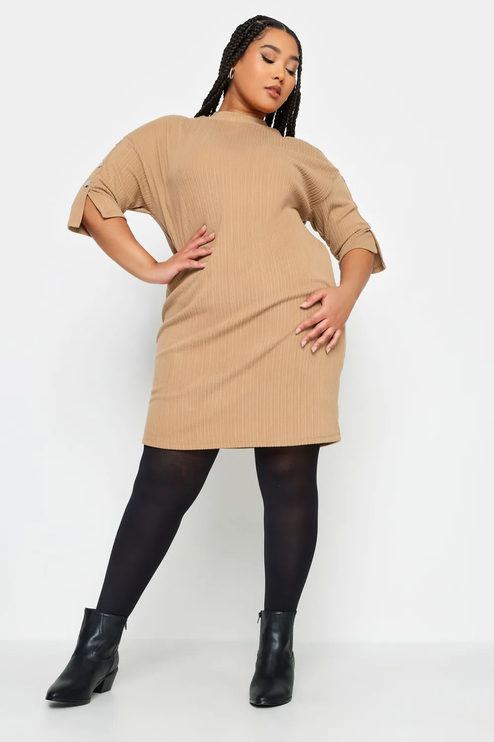 YOURS Curve Beige Brown Soft Touch Button Detail Mini Dress