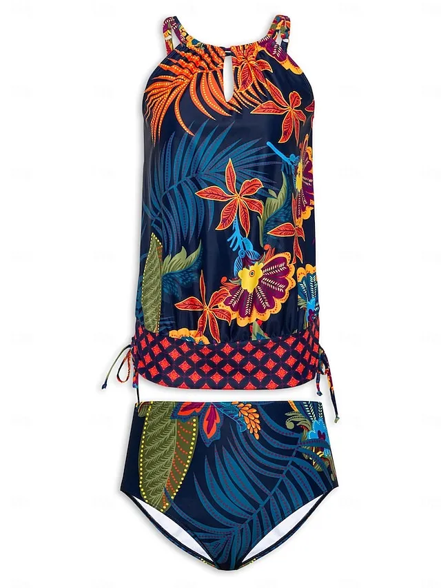 Printed Drawstring Tankini Swimsuit