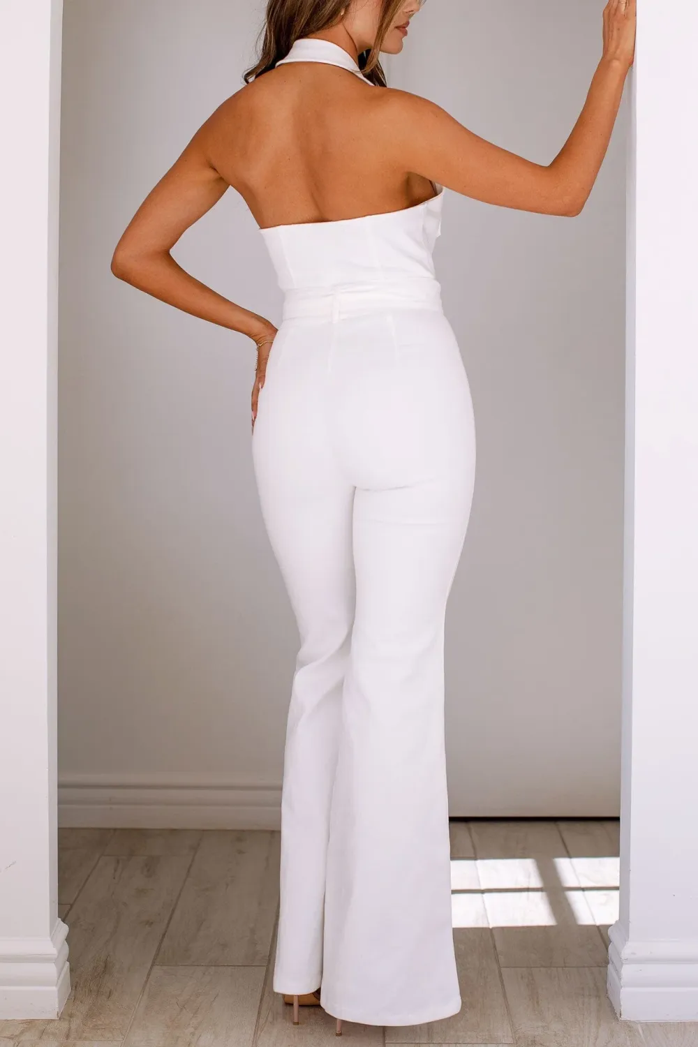 White Lapel Short Sleeve Flared Jumpsuit
