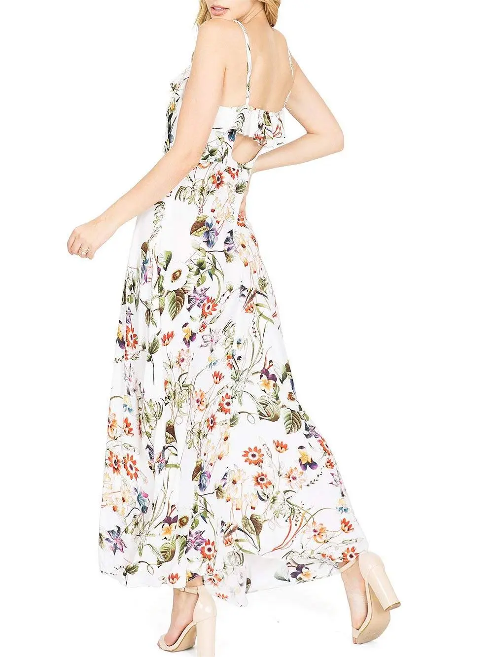 White Floral Spaghetti - Strap Maxi Dress