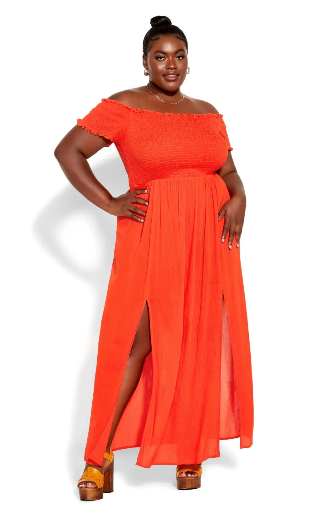 Evans Orange Shirred Bardot Maxi Dress