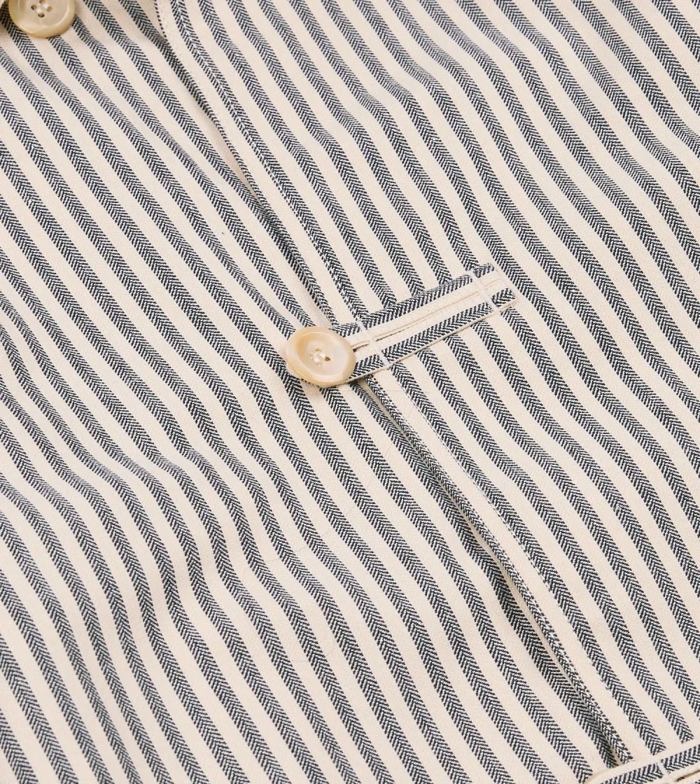 Blue And Ecru Stripe Cotton-Linen Deck Chore Jacket Casual Style