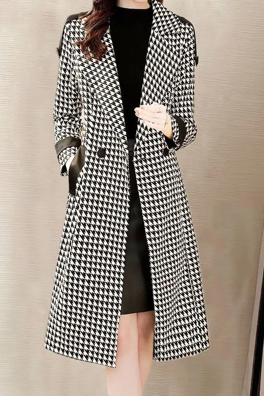 Classic Houndstooth Long Trench Coat