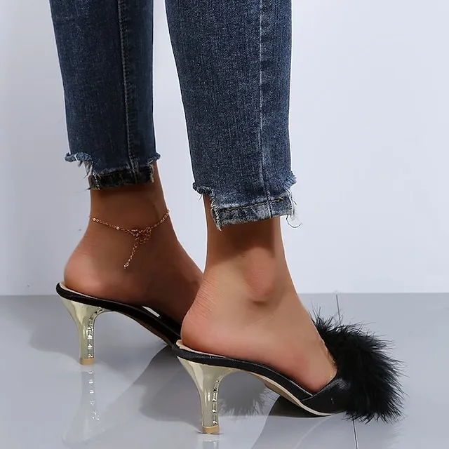 Women's Sandals Furry Feather High Heel Pointed Toe Faux Fur PU Loafer Solid Colored Black Rosy Pink Beige