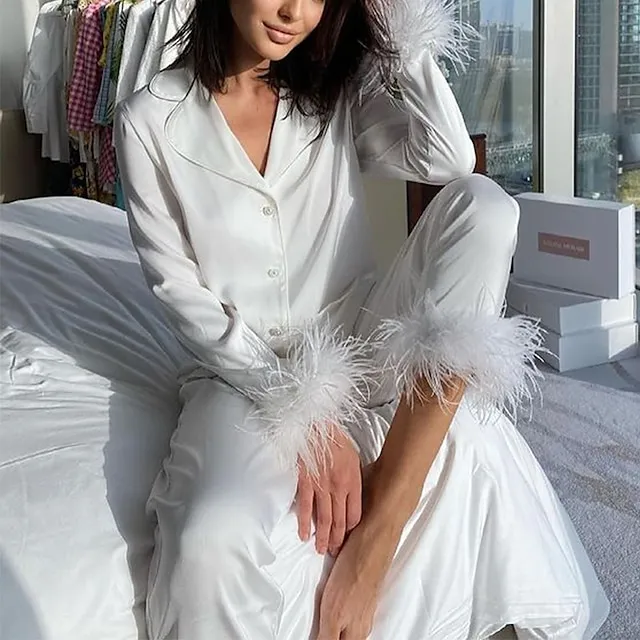 Women's Gift Loungewear Pajamas Sets Home Party Valentine's Day Feather Pure Color Silk Simple Soft Shirt Pant Fall Spring Summer Lapel Long Sleeve Long Pant Buckle Pocket