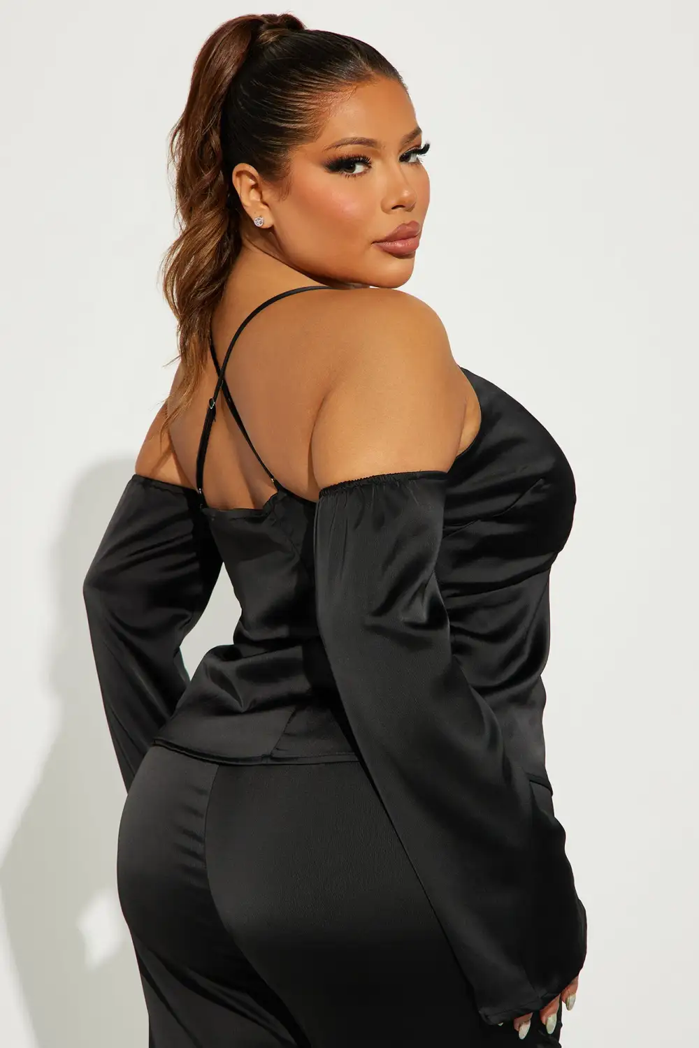 Soft Mood Satin Long Sleeve Cami - Black/White