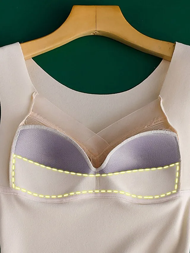 Women‘s Thermal Vest Underwear Built-in Bra Pure Color Warm Fashion Home Street Daily Polyester Warm Breathable Straps Sleeveless Fall Winter Black color