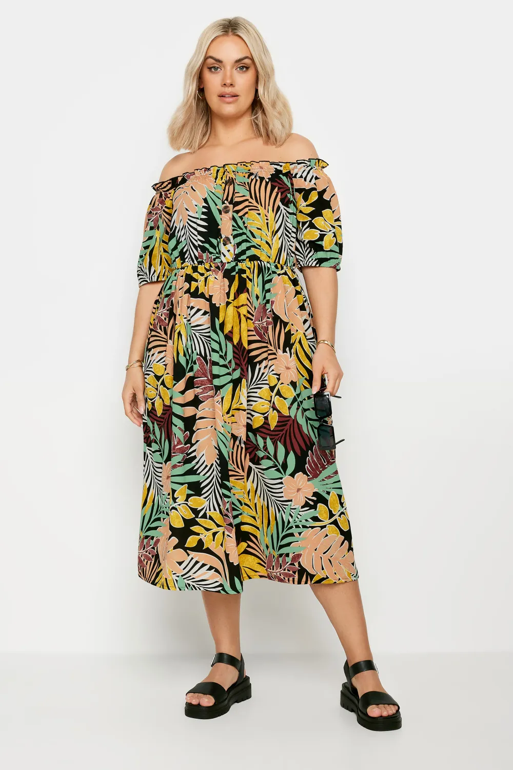 YOURS Curve Black Tropical Print Bardot Midaxi Dress