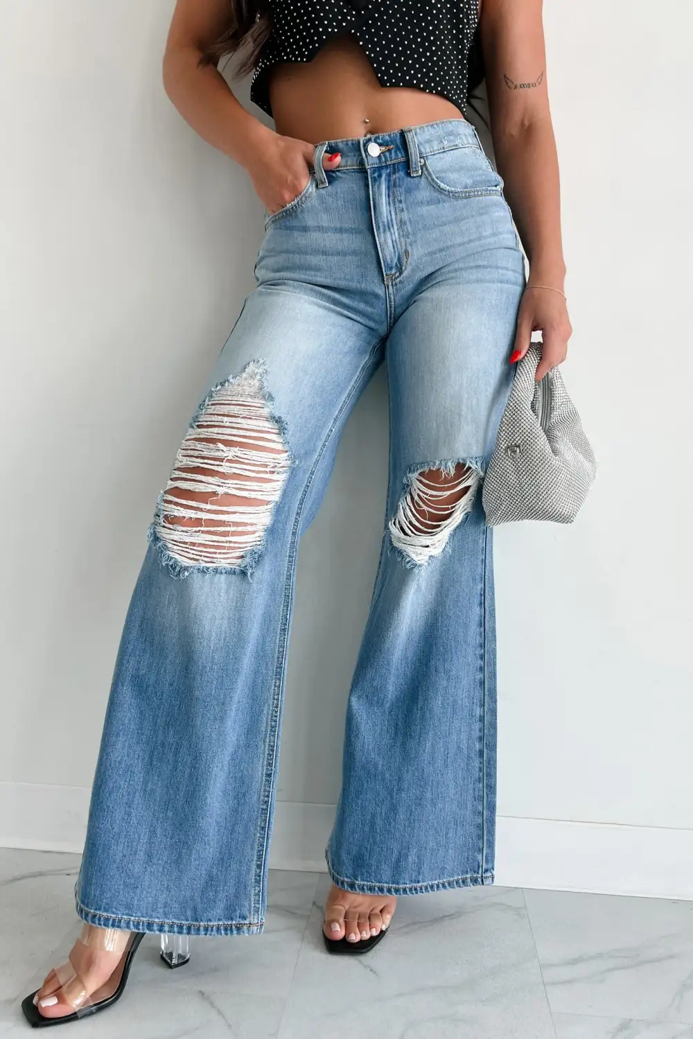 High-Waisted Ripped Wide-Leg Loose Jeans