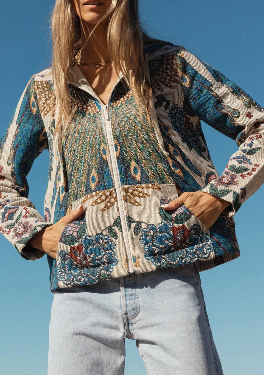 Drawstring Printed Zip Up Hoodie