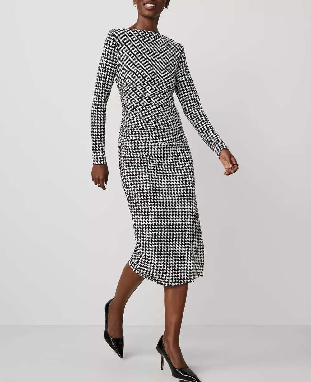 Houndstooth Gathered Waist Column Sheath Dress