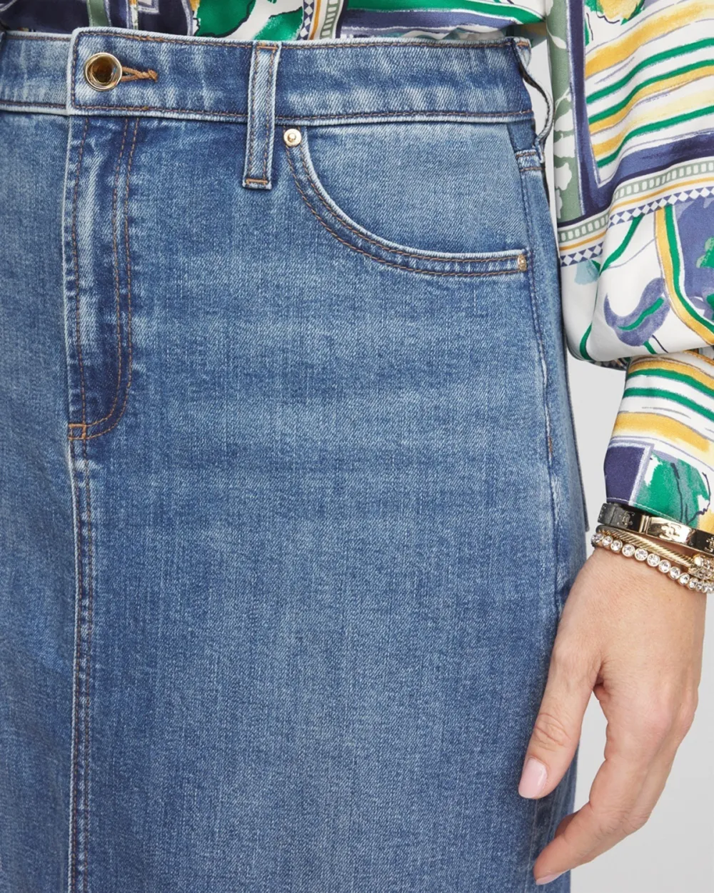 High-Rise Midi Stretch Denim Skirt