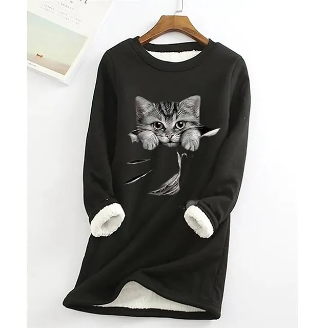 Women's Plus Size Sweatshirt Pullover Cat Teddy Sherpa Fleece Denim Blue Black White Street Casual Round Neck Long Sleeve Top Micro-elastic Fall & Winter